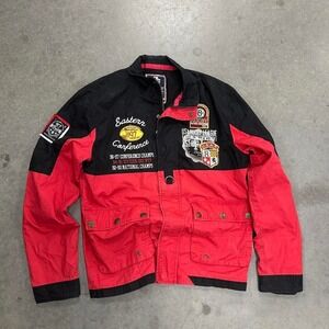 Vintage 2000's Dense USA Rugby red and black jacket w Patches and pockets Sz Lg